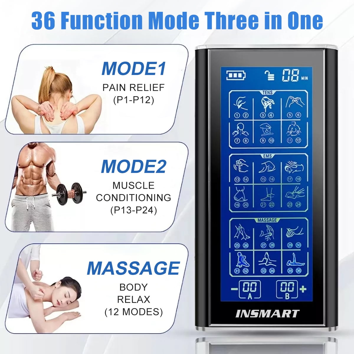 INSMART 3-in-1 TENS Unit Rechargeable Muscle Stimulator EMS Dual Channel with 10 Reusable Electrode Pads 36 Modes for Back Neck Pain Muscle Therapy Pain Management Pulse Massager (Black)