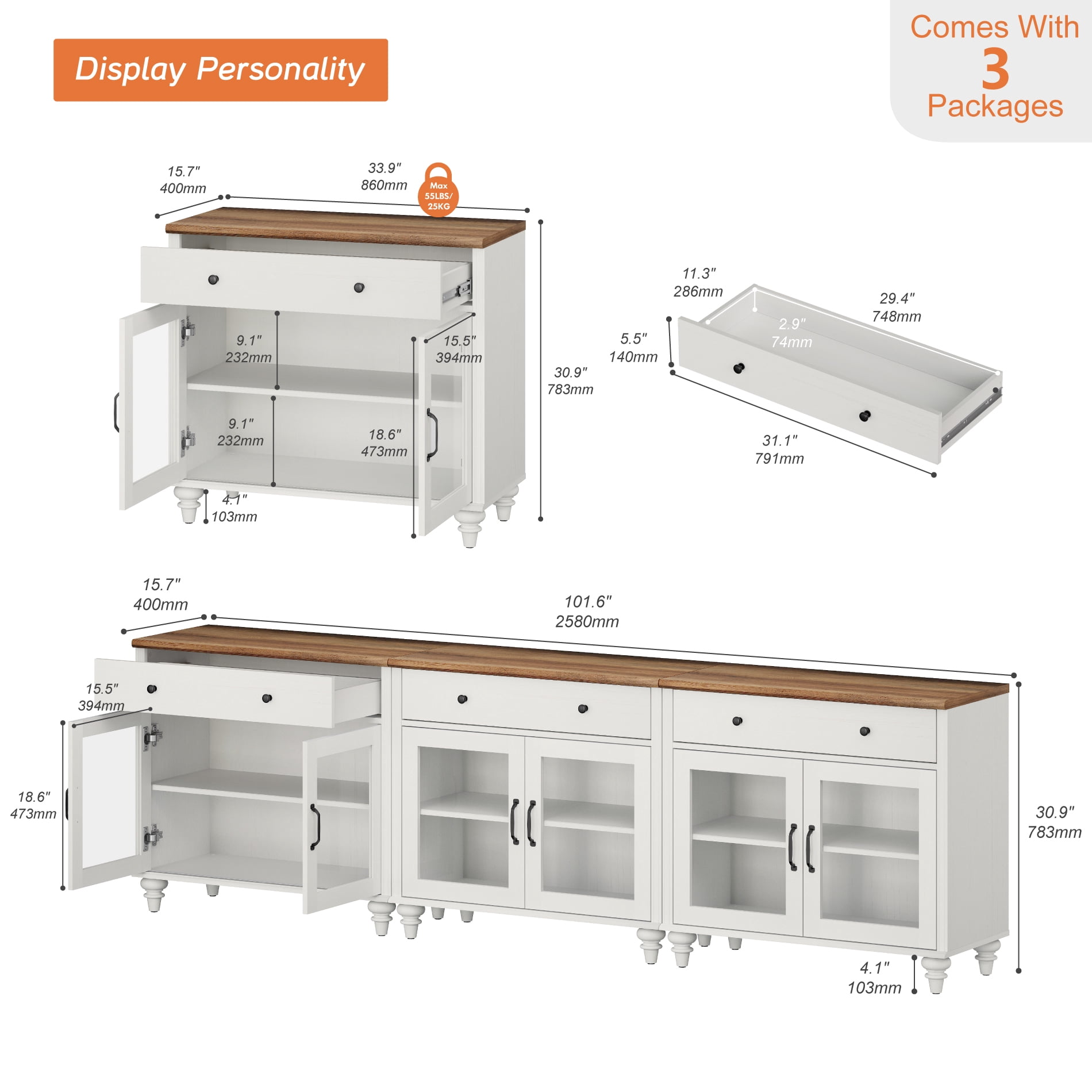 TV Stand For 100 Inch TV Inch TV, 3-In-1 TV Console Table For 75/80/85/90 Inch TV, Entertainment Center With 3 Drawers And 6 Doors, White