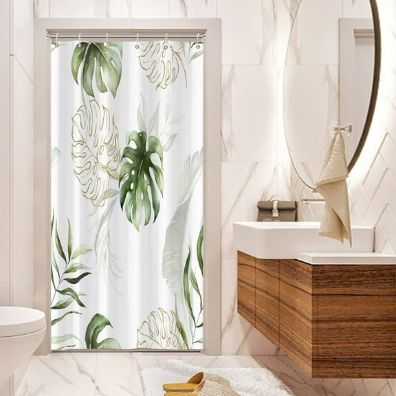 Monstera Stall Shower Curtain, Green Plant Leaves Botanical Small Dorm Bathroom Curtain, Tropical Plant Narrow Shower Curtain for Bathroom Set with 6 Hooks, 36Wx72L