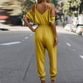 thumbnail image 5 of Gaecuw Womens Jumpsuits Casual Dressy Short Sleeve Overall with Pockets V Neck Band Collar Solid Onesie One Piece Outfits Loose Baggy Long Pants Wide Leg Summer Romper Pull On Calf Length Trousers, 5 of 5