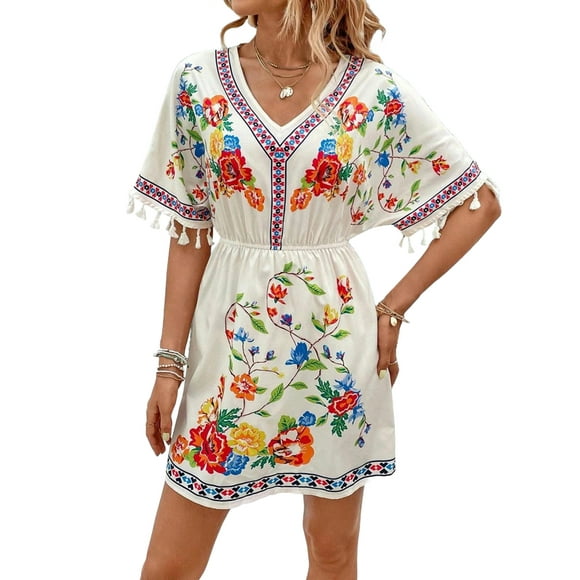 Fiesta Embroidered Mexican Dress for Women Beach Vacation Plus Size Short Sleeve Summer Boho Dresses with Pocket White M