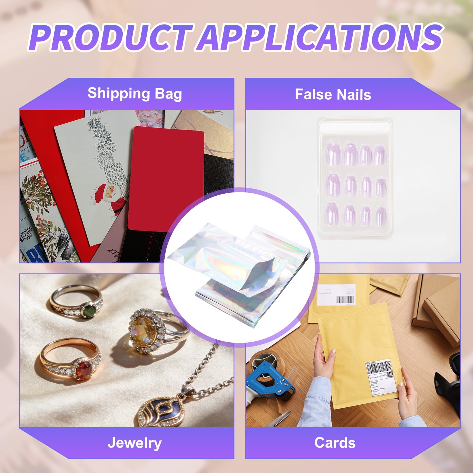 Uxcell Holographic Bags (12" x 7", Silver) (50Pcs) Holographic Metallic Poly Mailers Self Sealing Flat Foil Envelope Mailing Packaging Bags, Suit for - Jewelry/Sample/Shipping/Package