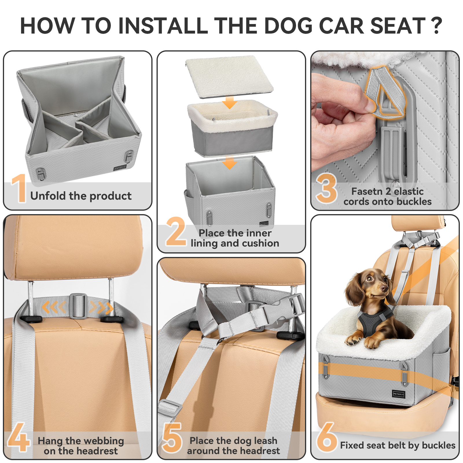 PETSFIT Dog Car Seat, Waterproof PU Leather ,Patented Safe Buckles, Pet Car Seats for Medium or Small Sized Pets,Under 30 lbs ,Grey