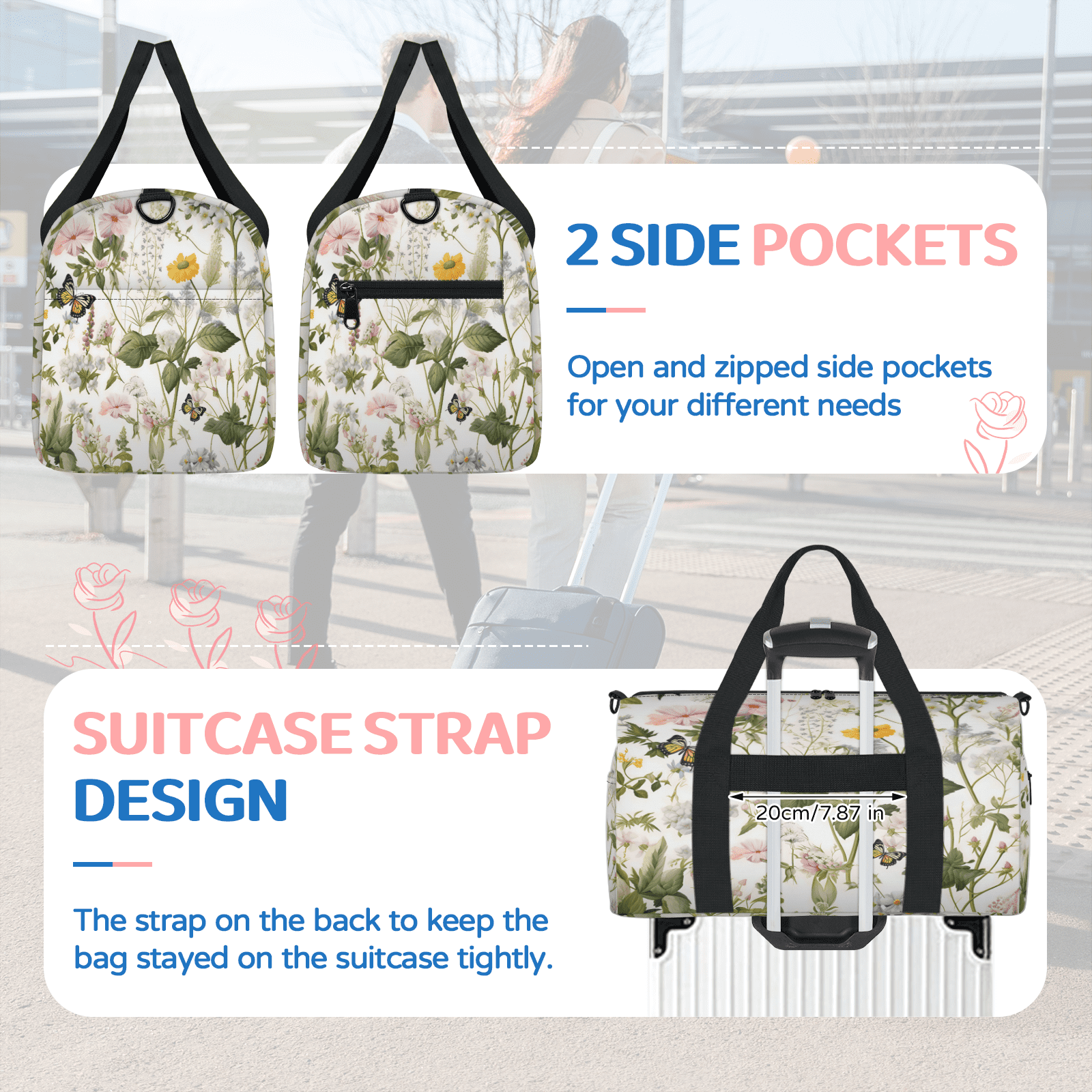 Herdesigns Wildflowers Plants Gym Bag for Women, Duffle Bag for Travel Sport, Lightweight Waterproof Carry on Weekender Overnight Dance Yoga Workout Bags
