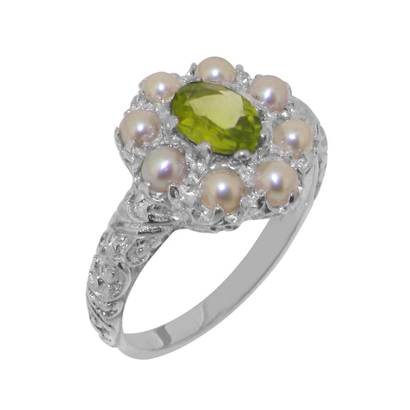 LBG British Made 925 Sterling Silver Natural Peridot & Cultured Pearl Womens Statement Ring - 33 size options - Size 10