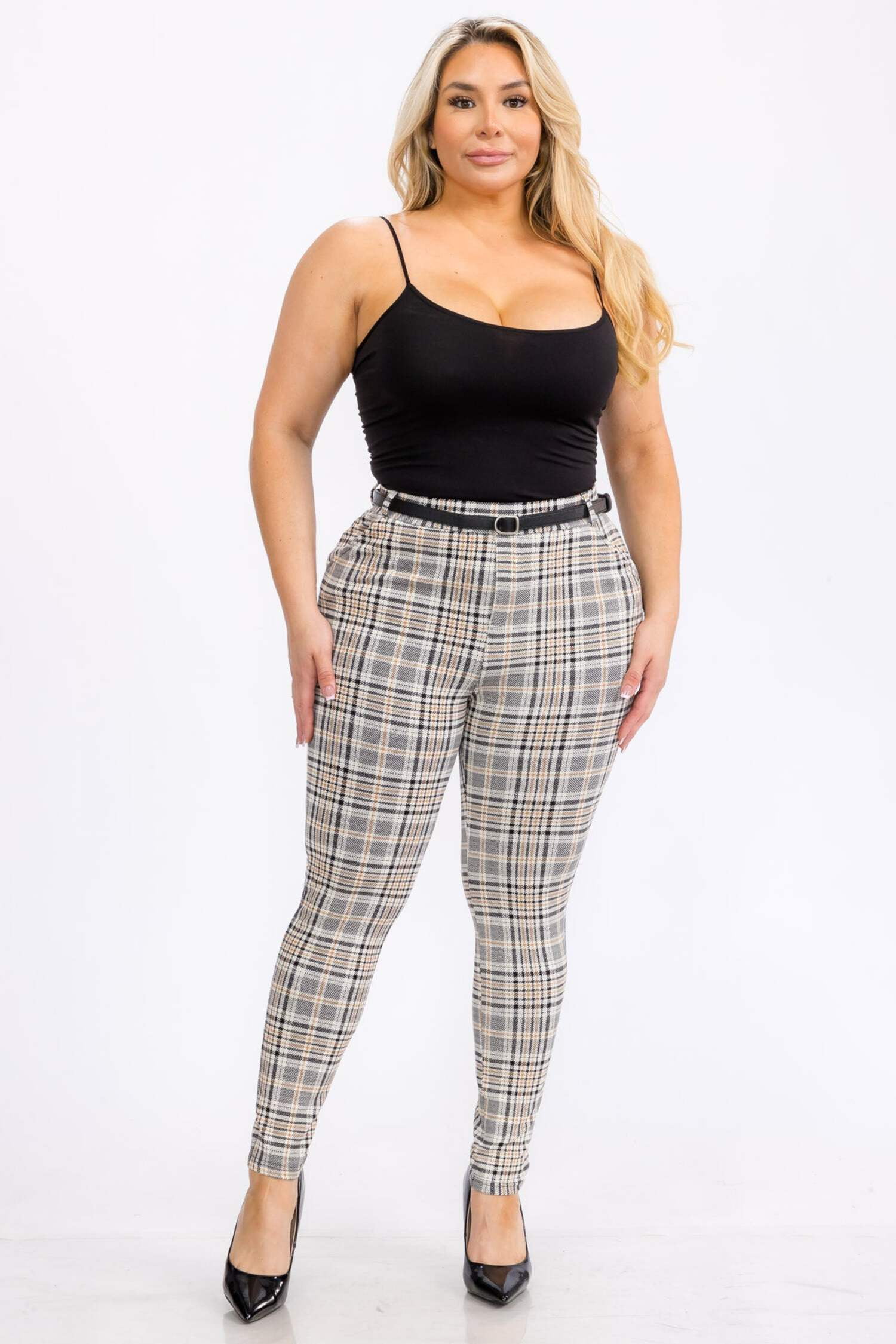 Plus Size Sculpting Treggings with Faux Leather Belt - Black, Brown Plaid