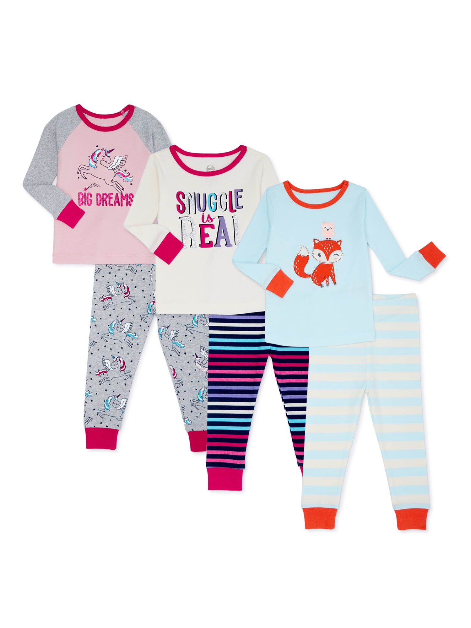 Wonder Nation Baby Toddler Girl Long Sleeve Snug Fit Cotton Pajamas, 6Piece Set