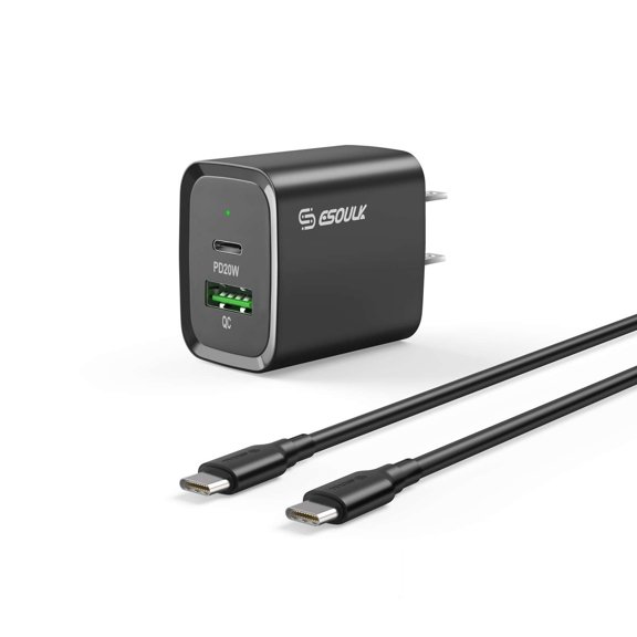 Esoulk 20W 2-Port Type-C PD (Power Delivery) and USB-A Quick Charge, Ultra Fast Charging Wall Charger with USB Cable for TCL 50 LE - Black