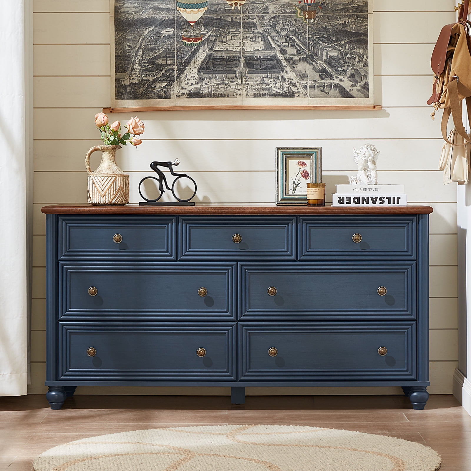 LELELINKY 7 Drawers Dresser for Bedroom, Farmhouse Chest of Drawer with Metal pull Handle, Wood Storage Cabine for Living Room, Hallway and Bedroom, Blue