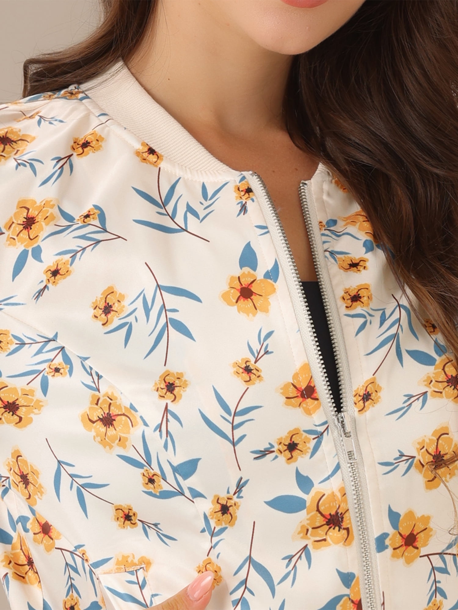 DARING DIVA Women's Stand Collar Front Zipper Satin Bomber Jacket S Apricot Blue