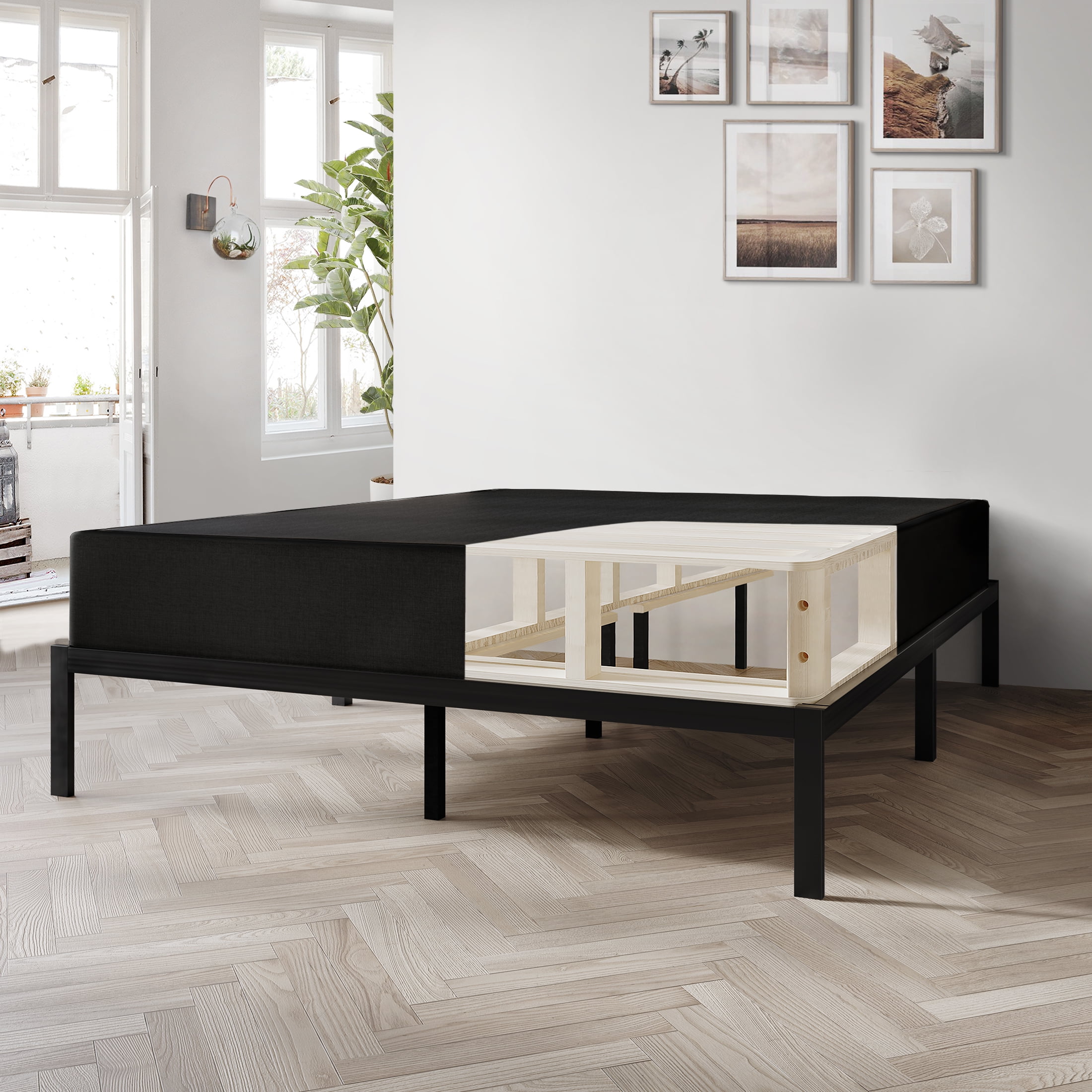 Castle Place Wood Box Spring, Mattress Foundation 8", Black Linen, Queen