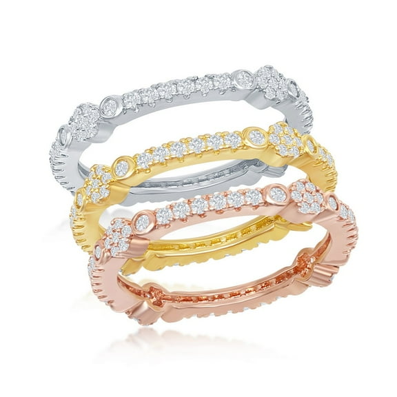 iJewelry2 Tri-color Sterling Silver Clear CZ Design Eternity Triple Band Ring Size 8