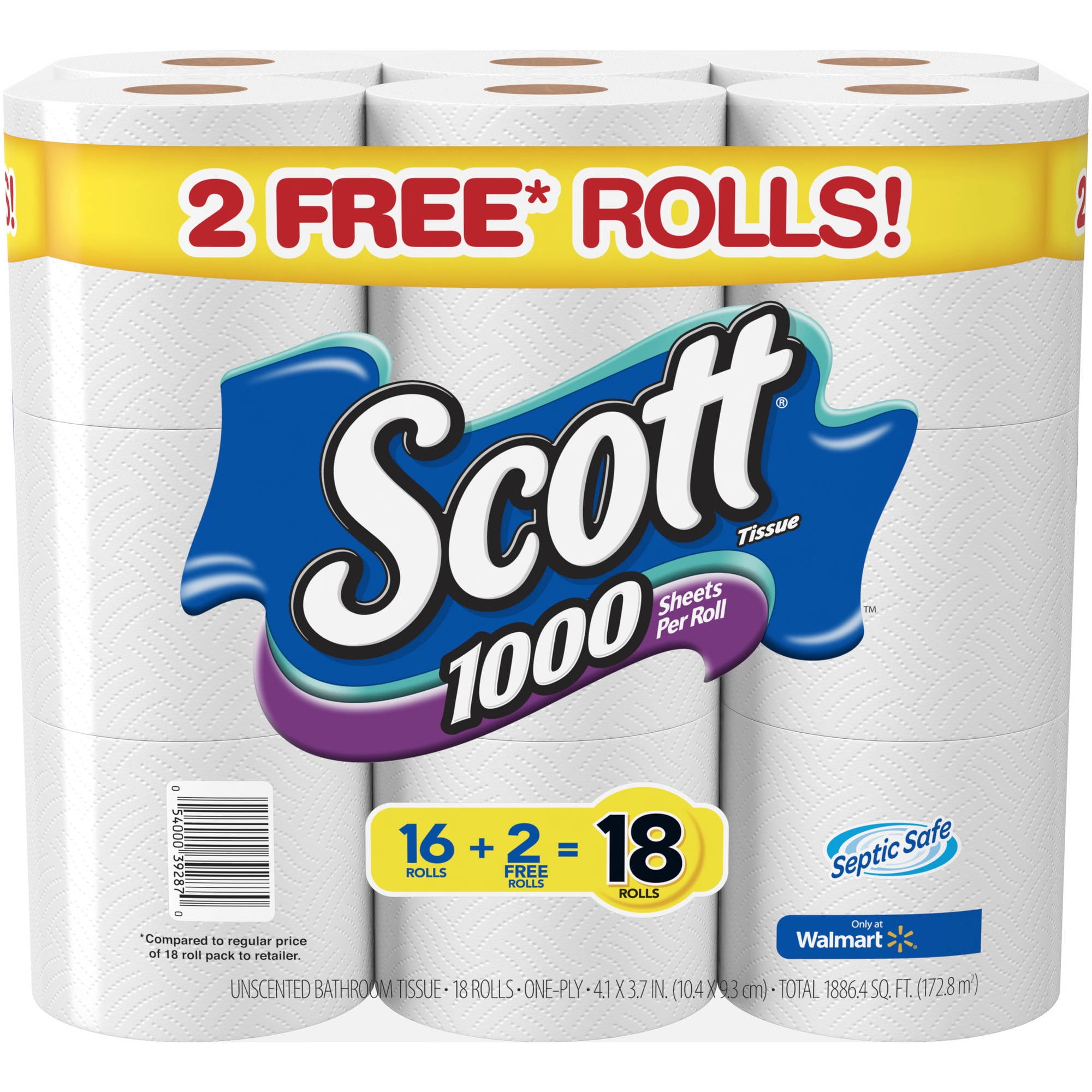 Scott Unscented Bathroom Tissue, 1000 sheets, 18 rolls - Walmart.com