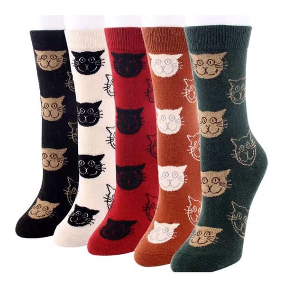 Yuanlong Womens Crew Socks 5 Pack Cute Cat Pattern Cotton Blend Winter Socks Warm Stretchy Stylish Daily Casual Socks