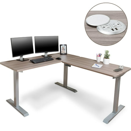 BRODAN Electric Standing L Desk with Power Charging Station  Adjustable Height Sit Stand Home Office Desk  L Shaped Computer Desk  67x59 inches Corner Stand Up Desk  Oak Top with Grey Frame
