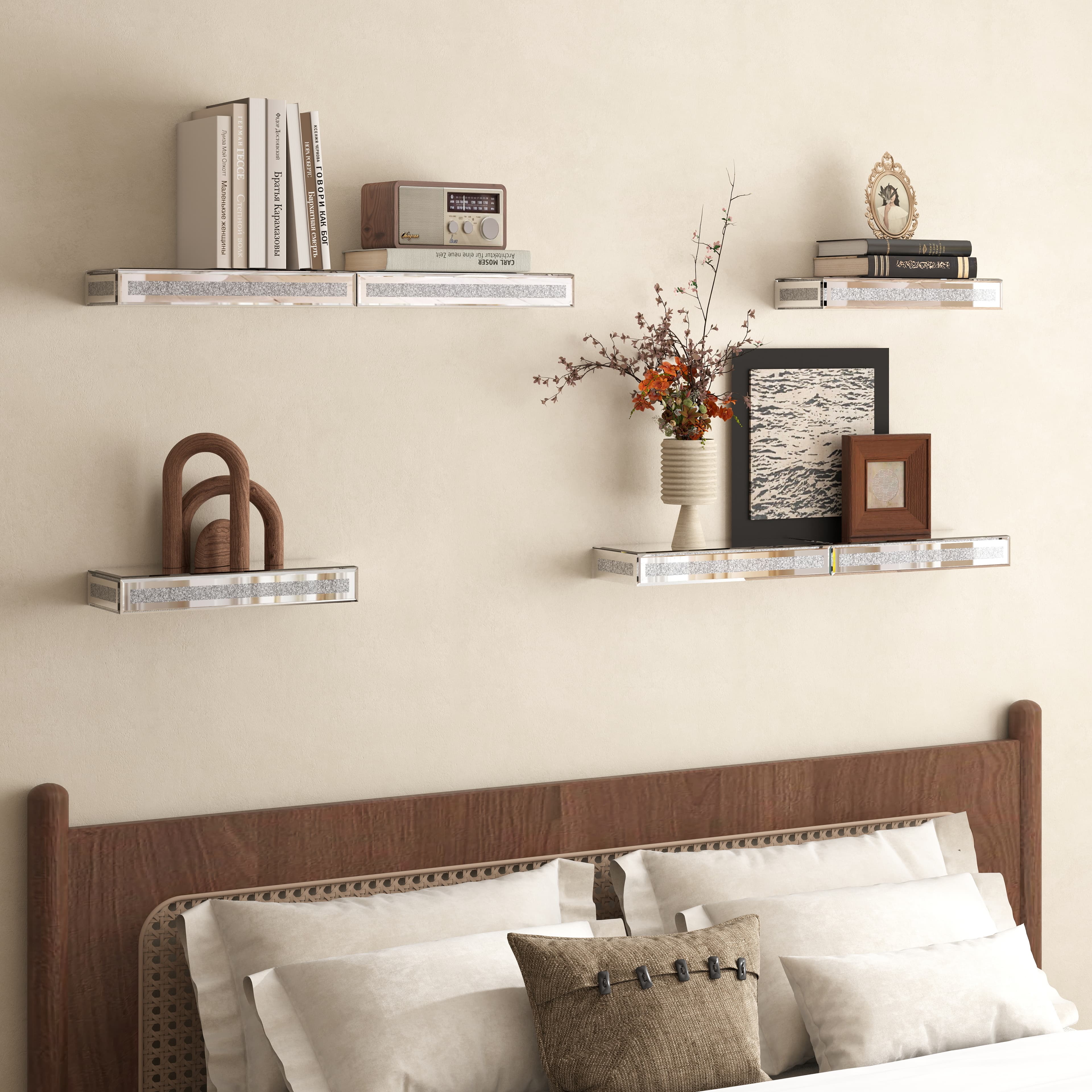 SHYFOY Mirrored Floating Shelves for Wall Decor Storage, Glitter Glass Wall Mounted Shelves for Bedroom, Living Room, Bathroom, Kitchen, Office and More, Set of 6, Silver