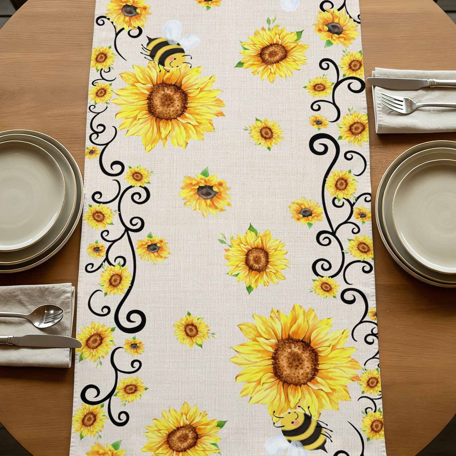 Sunflower Bees Burlap Cotton Table Runner 13x90 Inches Long, Spring Summer Farmhouse Floral Beige Burlap Farmhouse Table Runners, Outdoor Dining Tablecloths Decor for Baby Shower/Party/Wedding