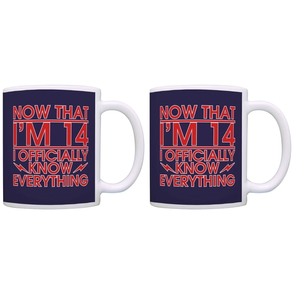 ThisWear 14th Birthday Gifts for All Now That I'm 14 I Know Everything 11 ounce 2 Pack Coffee Mugs Blue