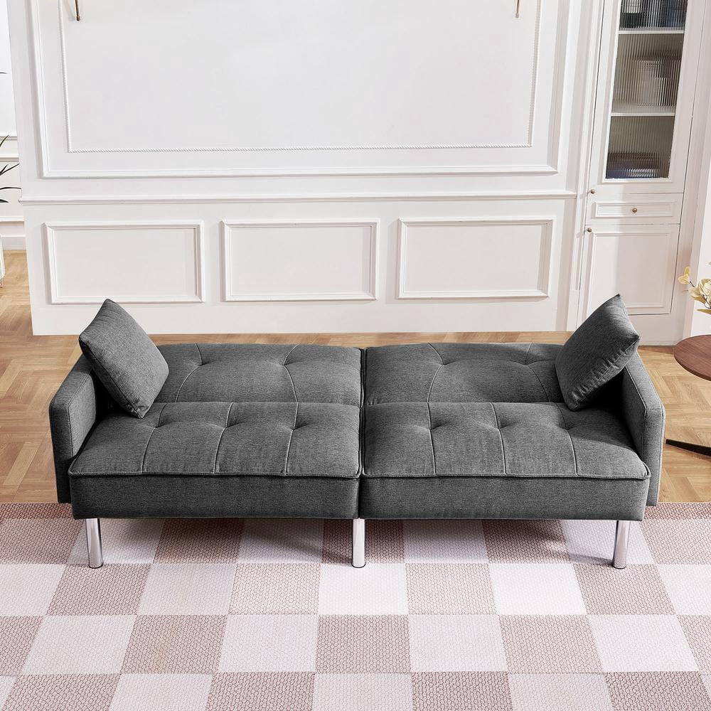 Tufted Futon Convertible Sofa Sleeper with Two Throw Pillows in Dark Grey Velvet