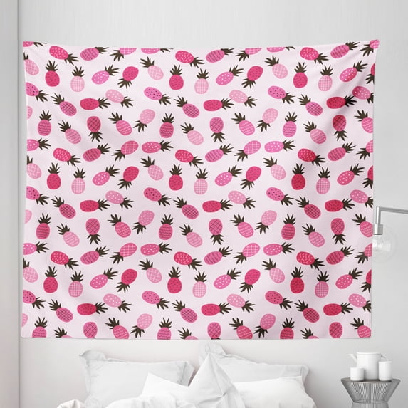 Pineapple Tapestry, Doodled Style Exotic Pineapple Scattered Spotted Zigzag Pattern, Fabric Wall Hanging Decor for Bedroom Living Room Dorm, 5 Sizes, Pink Black Magenta, by Ambesonne