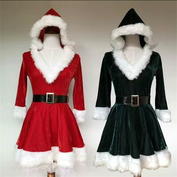 Women Christmas Hooded Dress With Belt Mrs. Claus Costume V-Neck Plush  Decoration Fancy Dresses S-2XL 