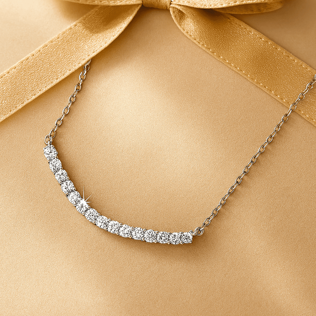 JeenMata Curved Bar Round-Shaped Moissanite Pendant Necklace in 18K White Gold over Silver