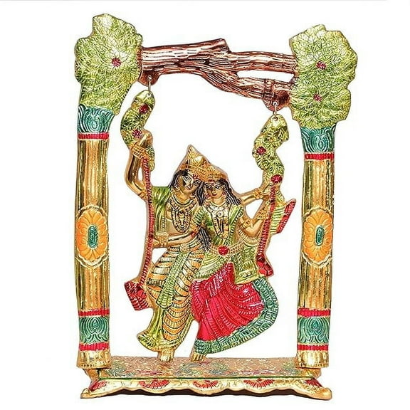 Metal Colourfull Radha Krishna Idol on Swing Jhula Decorative Showpiece Figurine Religious Idols for Home Office Statue Murti for Decoration & Pooja Gifting Purpose Sculpture