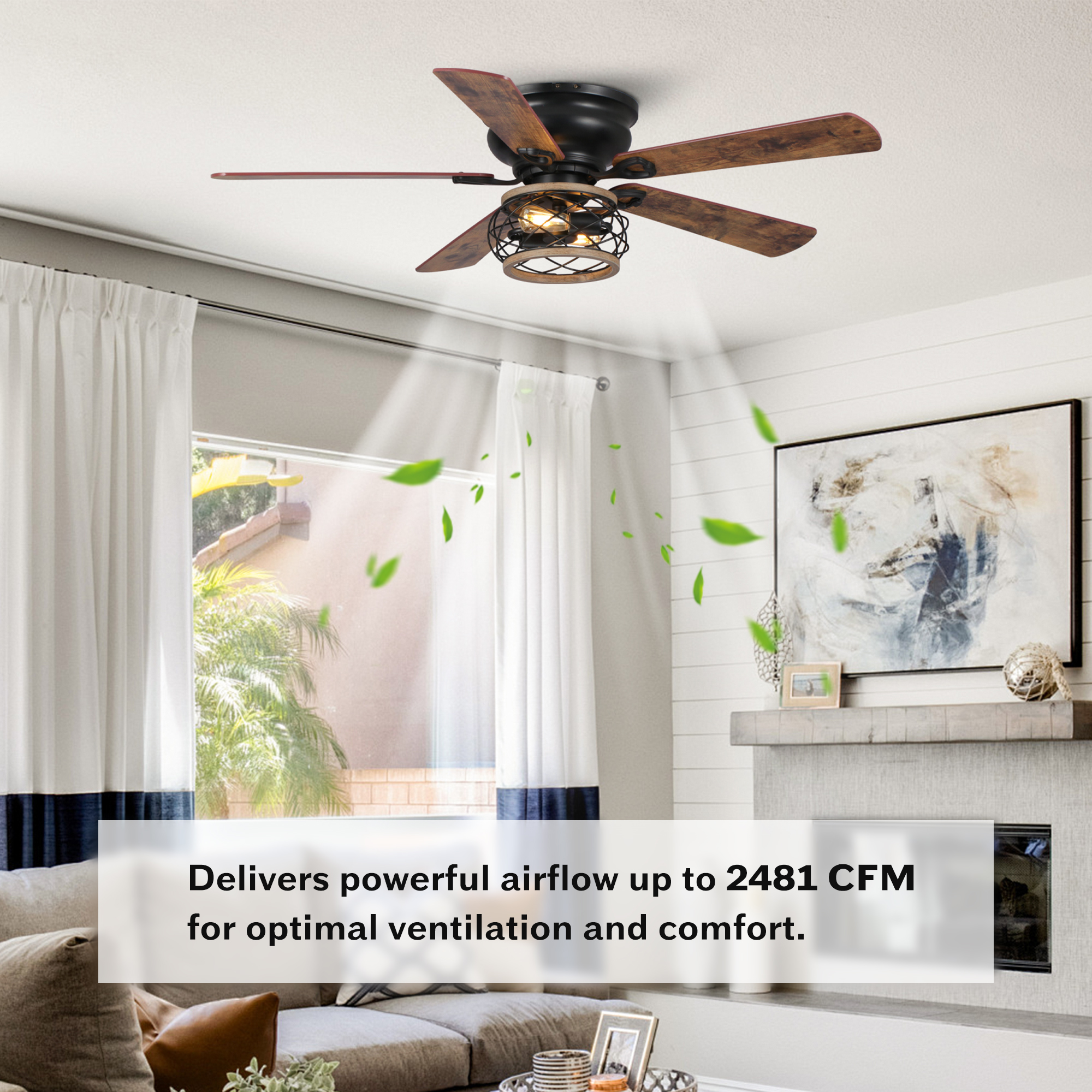 48" Farmhouse Black 5 Reversible Blades Flush Mount Ceiling Fan with Light and Remote Control