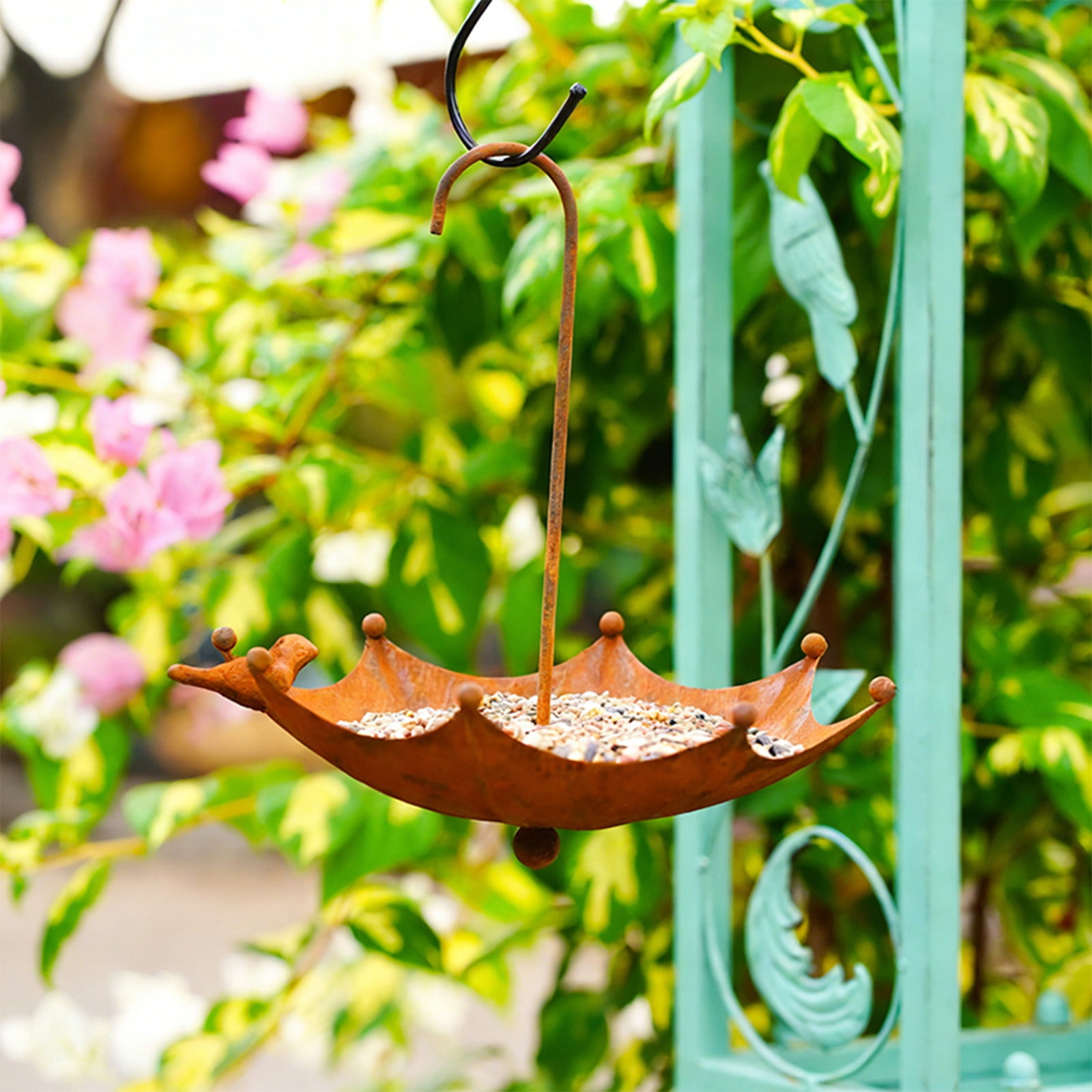 DAMAI Metal Umbrella Bird Feeders, Upside Down Umbrella Shape Bird Feeder with Hooks, Hummingbird Feeder for Outside, Metal and Water Bowl, Garden Backyard Decor, Brown