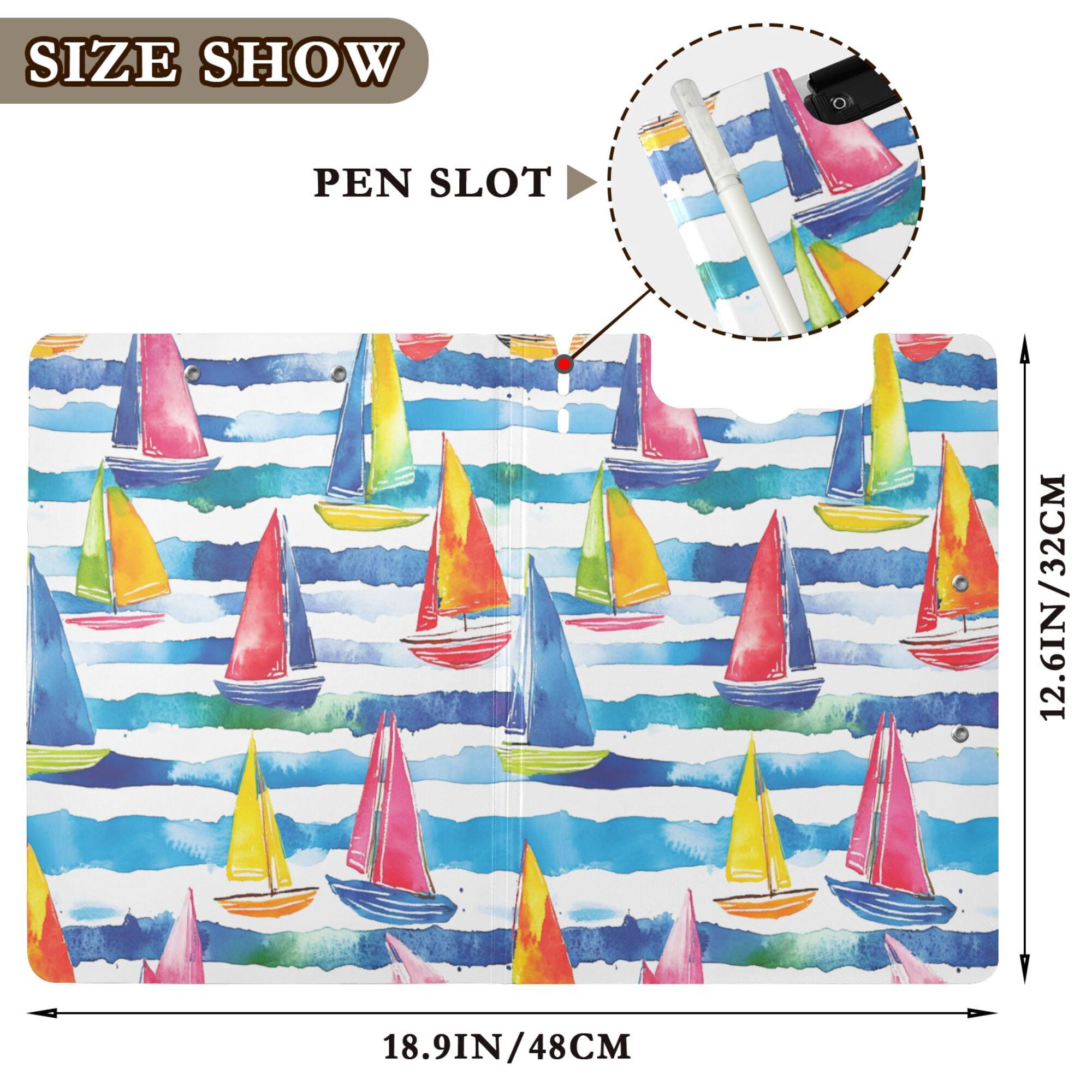 FORMRS A4 Clipboard Folder with Pen Holder Horizontal Foldable School Office Binder, Yellow Hand Drawn Sailboats