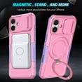 thumbnail image 4 of Case for iPhone 16, with Sliding Camera Cover, with Rotating Finger Ring Holder Magnetic Bracket Hybrid Hand Grip Protective Shockproof Phone Case Cover for iPhone 16 - Pink, 4 of 10