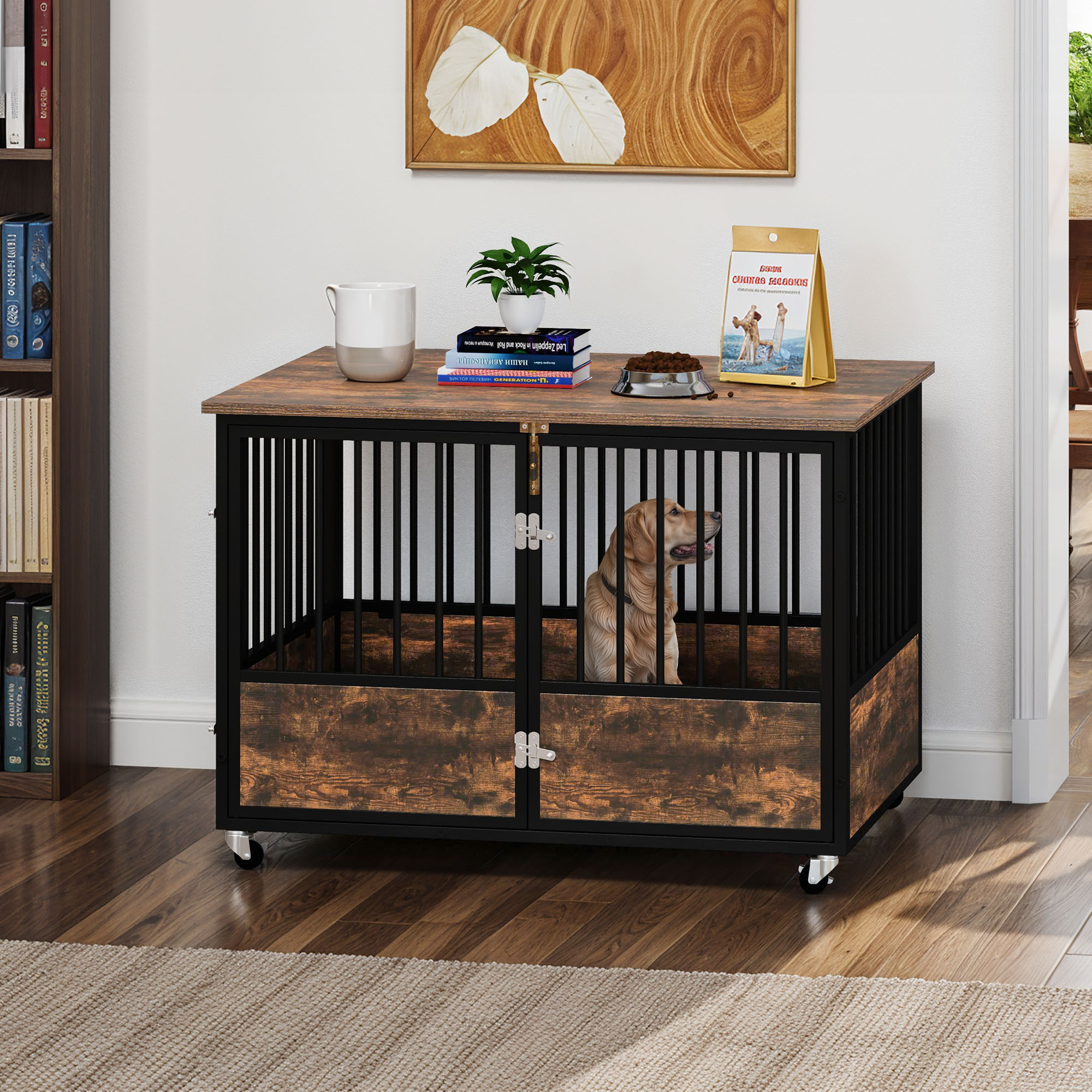 Uforic 43" Rustic Brown Dog Crate Furniture with Wheels, Double-Door Kennel for Small/Medium/Large Dogs, Escape-Proof Indoor Pet Cage, Wooden End Table