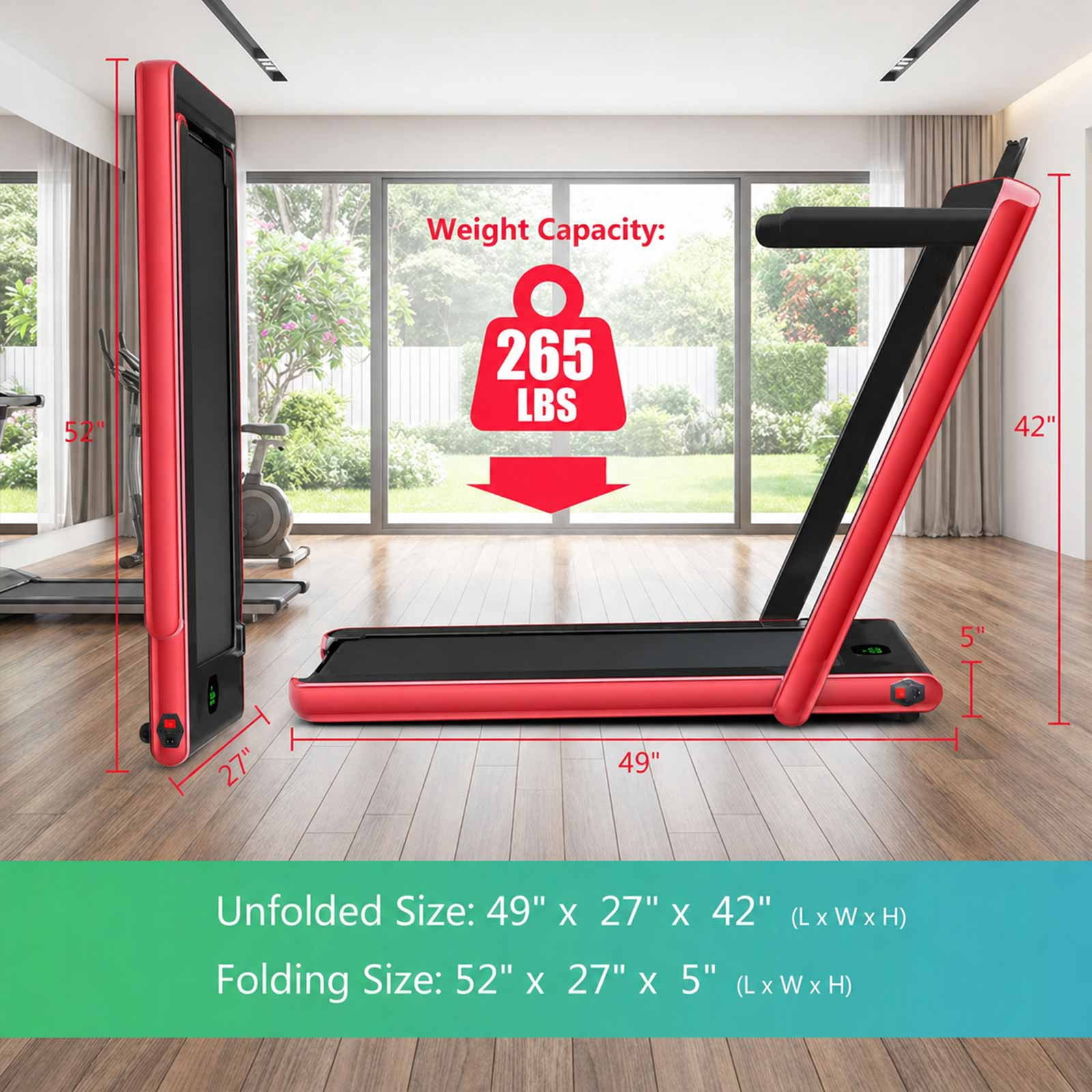 Airfind 2.25 HP 2-in-1 Walk-to-Run Folding Treadmill with App Sync and Audio Console Walking Treadmill for Home Supports 265 lbs, Red