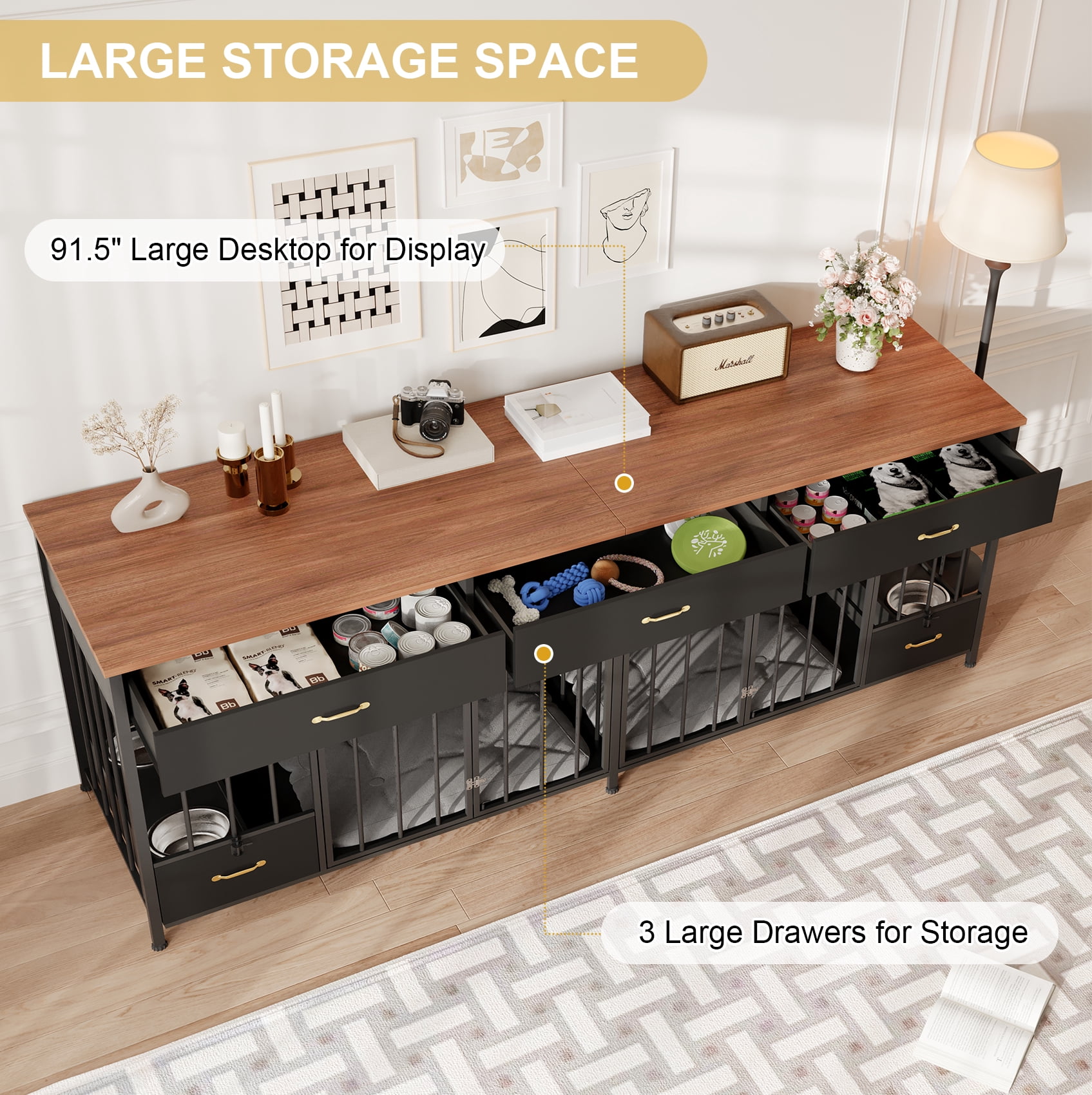 MOWPEX Extra Large Dog Crate Furniture with Feeder & 3 Drawers, 91.6" L, Heavy Duty Double Dog Kennel Furniture for Small, Medium & Large Dogs, Sturdy Black Pet Crate Table with Storage