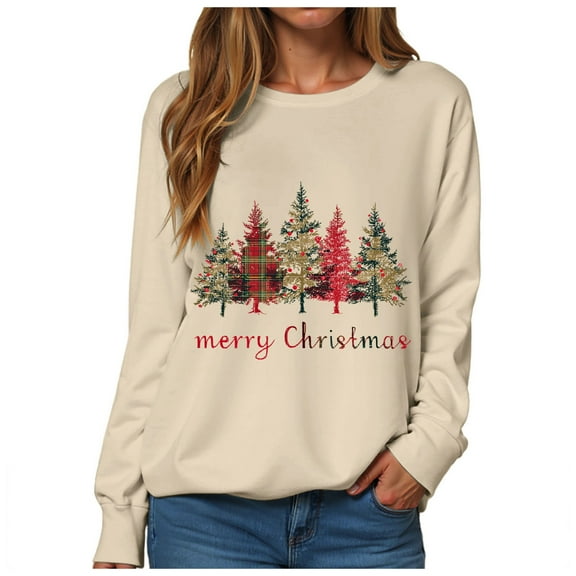 TTUHYWXI Christmas Sweatshirts for Women Merry Christmas Tree Graphic Long Sleeve Xmas Vacation Pullover Christian Tops (Beige, M)