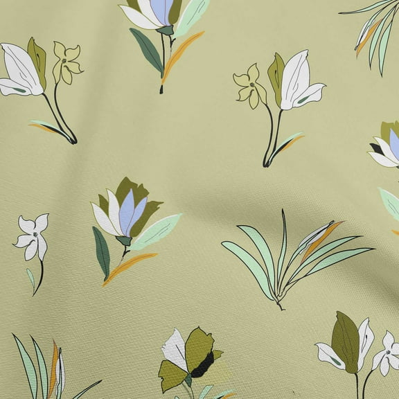 oneOone Polyester Spandex Light Green Fabric Floral-Magnolia-Hand Drawn Floral Pattern Dress Material Fabric Print Fabric By The Yard 56 Inch Wide