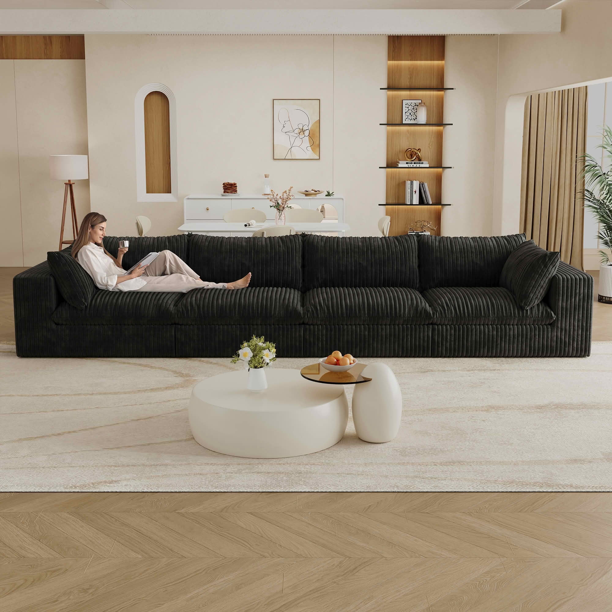 MAYEERTY 157.6" Cloud Corduroy Sofa, Deep Seat Double-Layer Design, Removable Cushion No Assembly, DIY Combination, Black