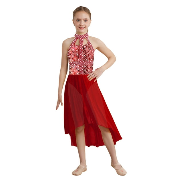 Sywiyi Robe de Danse Sans Manches pour Filles avec Strass Moderne Costume de Danse Ballet Lyrique Bourgogne 16