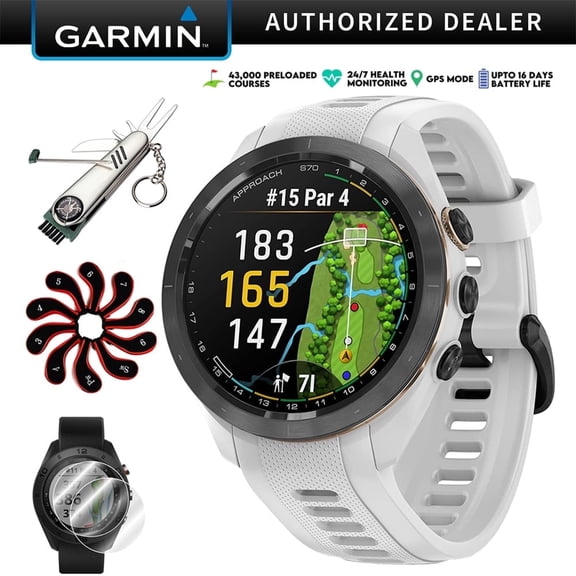 Garmin 010-02746-00 Approach S70 42 mm Premium GPS Golf Watch, White Band Bundle with Deco Essentials 2x Screen Protector, 7-in-1 Golf Tool, Zippered Iron Head Covers Set| Official Garmin USA Dealer