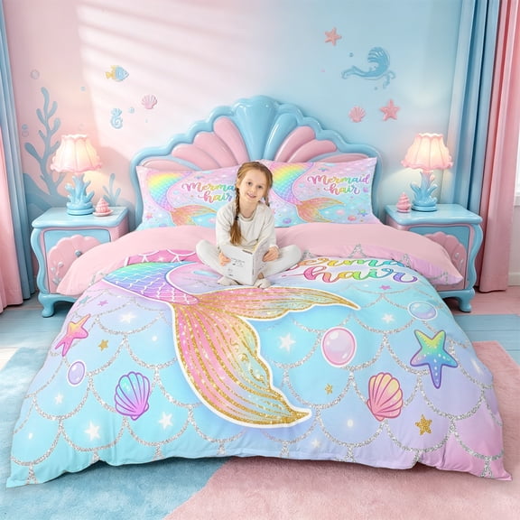 jejeloiu Rainbow Mermaid Tail Bedding For Girls,Sparkling Print Shell Starfish Duvet Cover Full,Pink Blue,Pink Reversible,3 Pieces,1 Duvet Cover and 2 Pillowcases