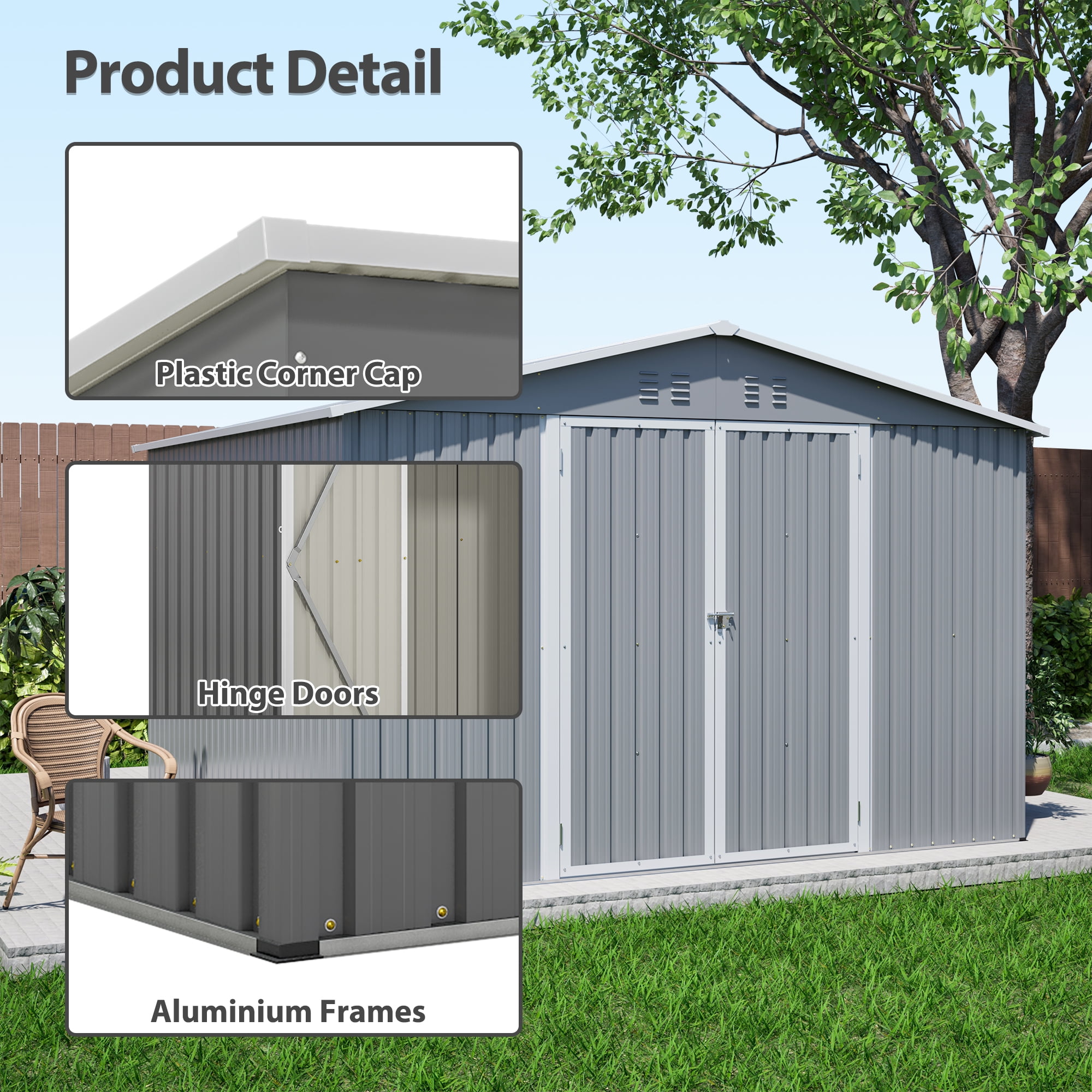 10x10 Ft Outdoor Storage Shed with Floor Frame, Metal Garden Tool Shed with Lockable Doors, Ideal for Backyard Garden Patio Lawn, Grey