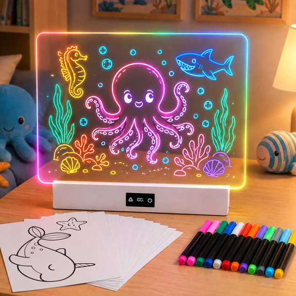 Elice Rechargeable LED Drawing Board for Kids, Light Up Message Board with 8 Colors   3 Dynamic Modes, Built-in Stand, 2000mAh Battery, White
