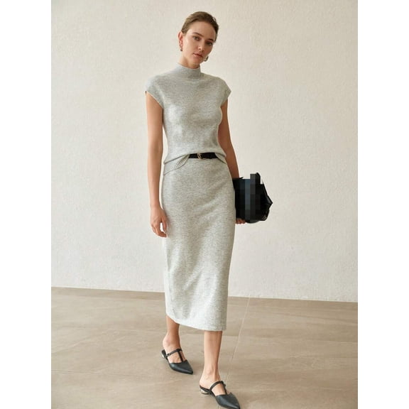 Women's Solid High Neck Cap Sleeve Knit Top and Skirt Sweater Set, Casual Minimalist Outfit
