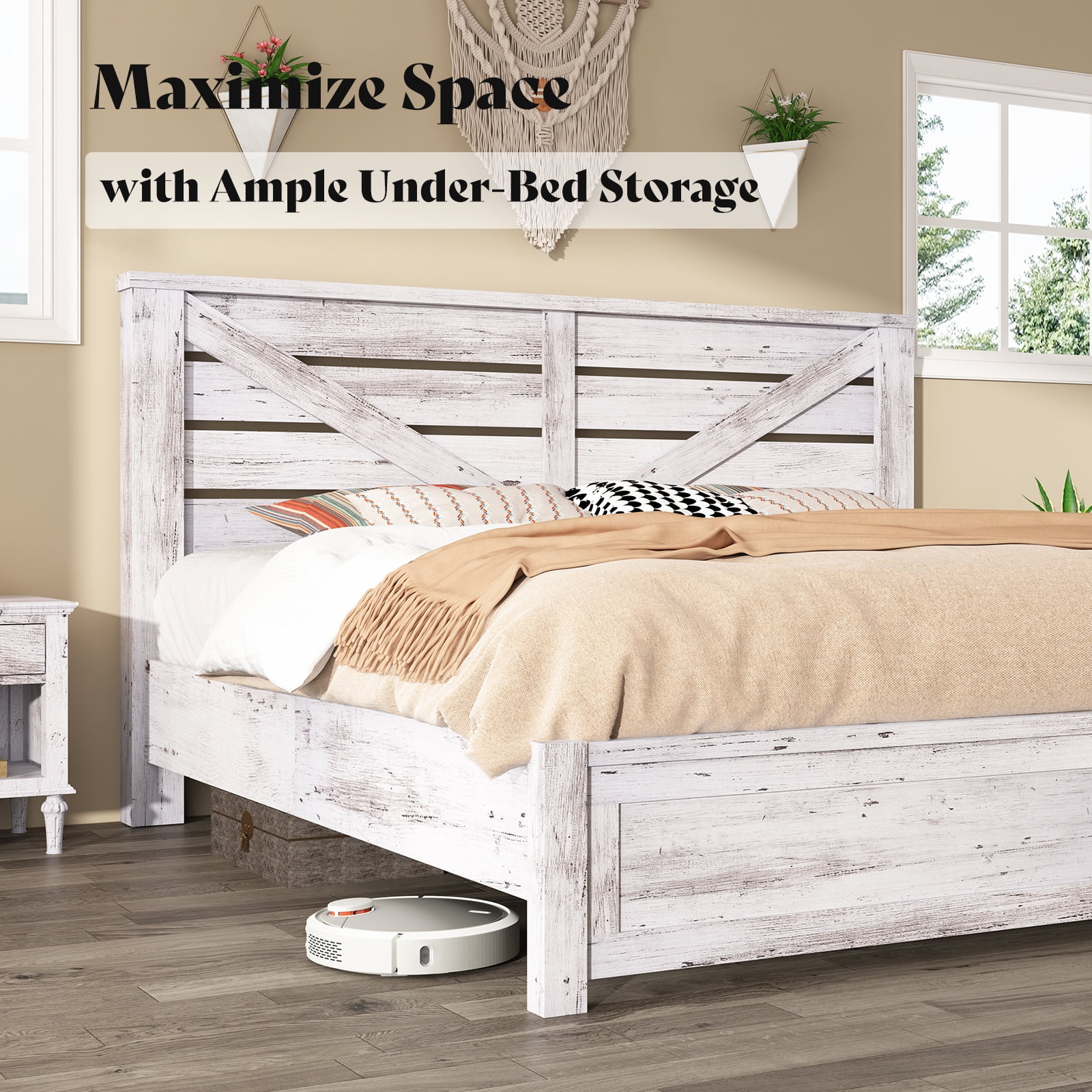 Merluxy King Size Farmhouse Bed Frame with Barn Door Headboard, Platform Bed Frame with Wood Slats, Under Bed Storage Space, Distressed White