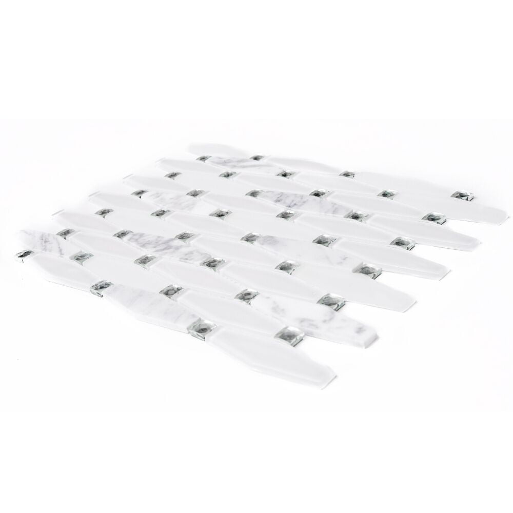 The Tile Life Carrara 12" x 12" Diamond White Polished Glass Mosaic Wall Tile, 1 Sheet