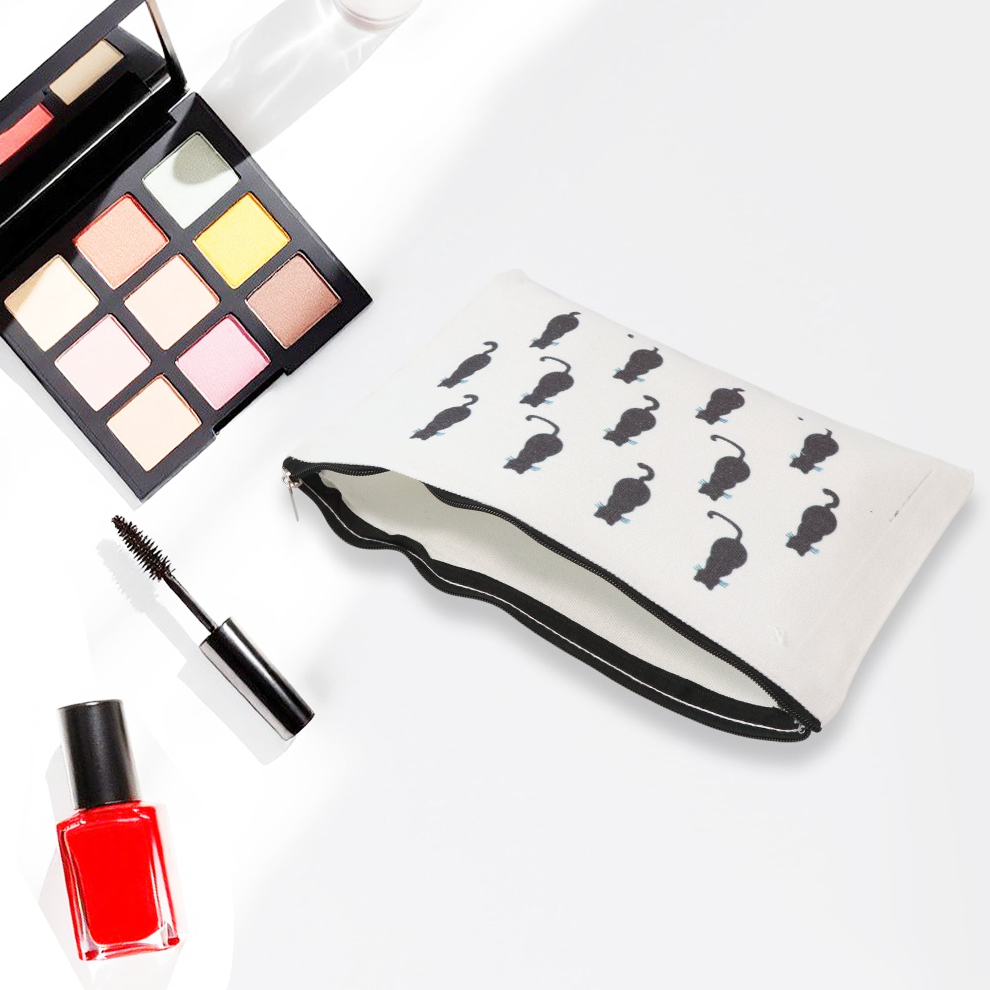 Unique Bargains 1 Pc Durable Cats Print Makeup Bag for Women and Teens in White Color