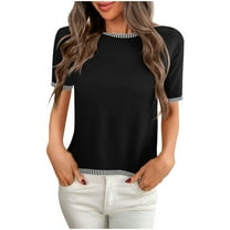 Womens Summer Tops Solid Classic Tee Shirts Pullover Sweater Blouses Puff Sleeve Peplum Top Round Neck Tee Short Sleeve Shirts Striped Lounge Blouse Workout Yoga Gym Outfits