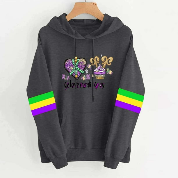 Uootdi Mardi Gras Womens Drawstring Hoodies for Women Carnival Crewneck Heart Print Hooded Long Sleeve Pullover Festive Color Block Loose Sweatshirts Gift