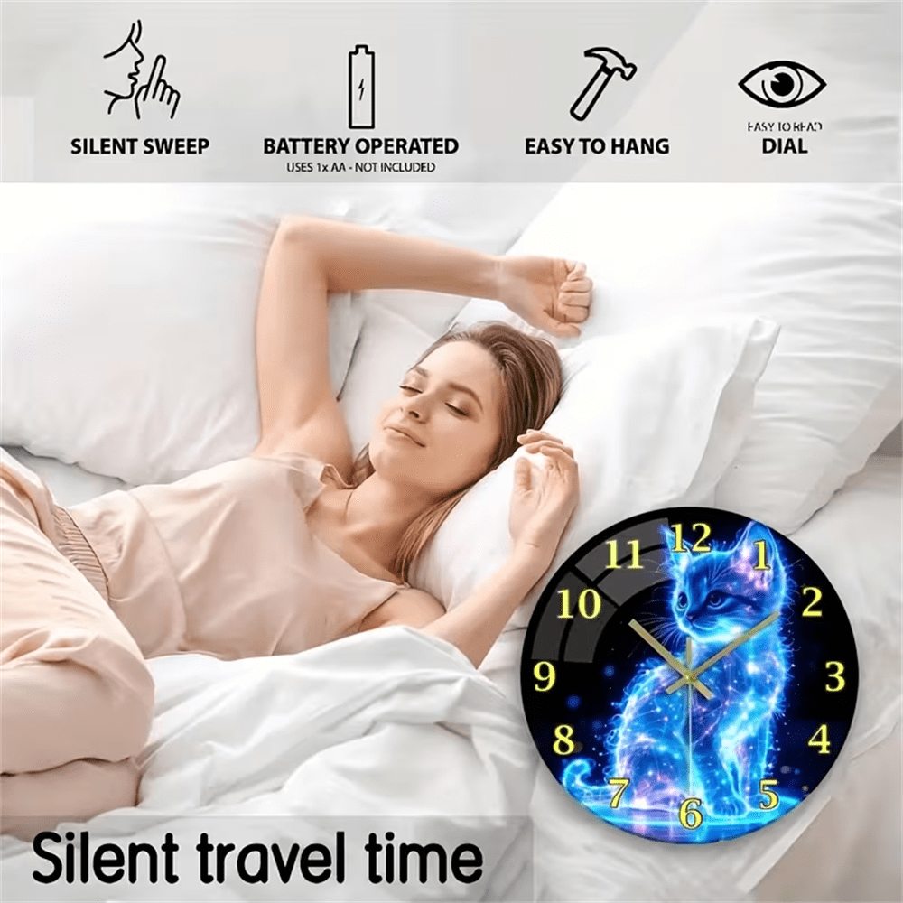 VOCOO 12 Inch NeonCat Glass Wall Clock, Non-Ticking, Battery Operated,Silent Quartz Easy-to-Read for Home, Office, Kitchen Decor