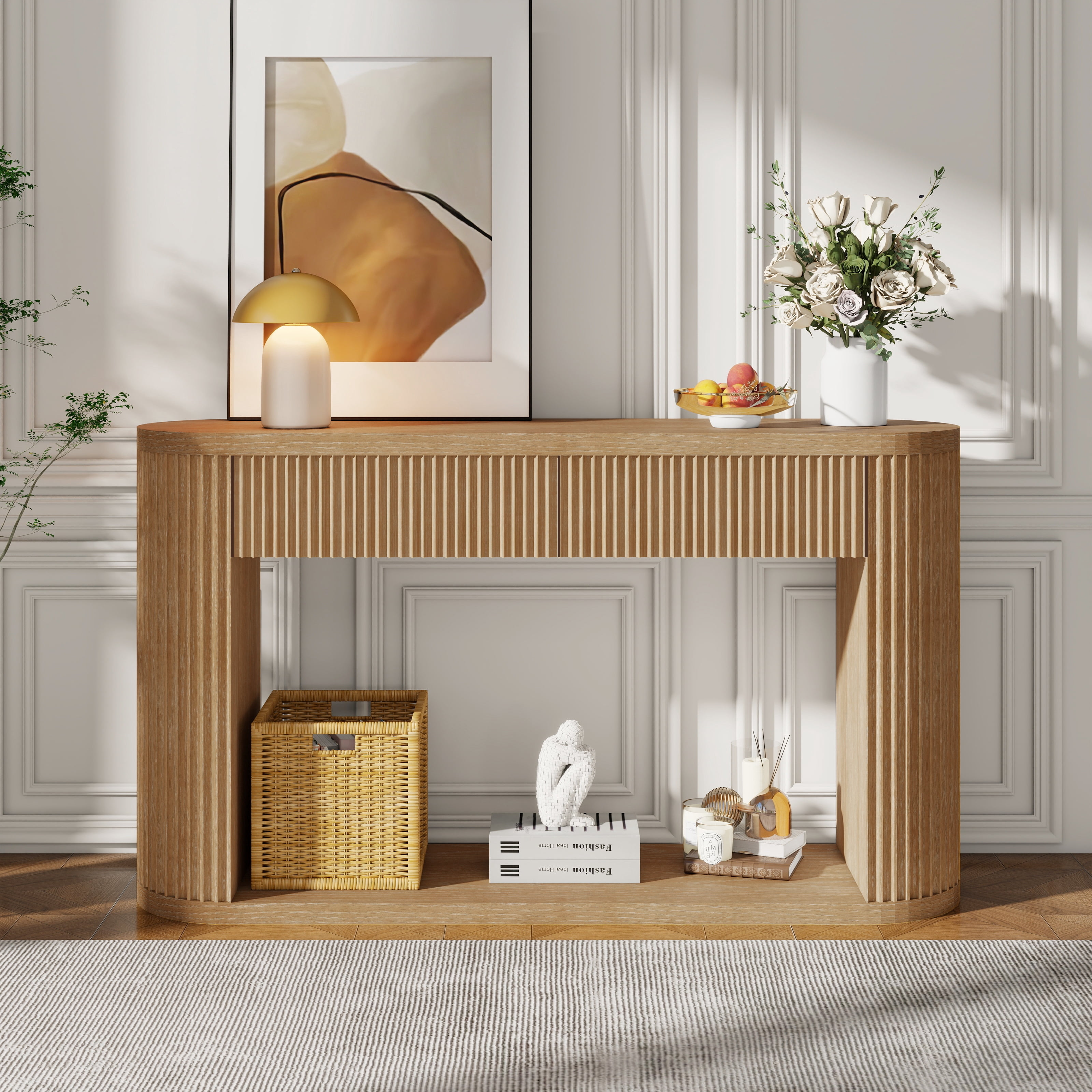 Euroco 53" Fluted Console Table with 2 Drawers, Modern Entryway Table with Storage & Bottom Shelf,Wood Long Sofa Table Behind Couch for Living Room, Hallway, Foyer,Natural